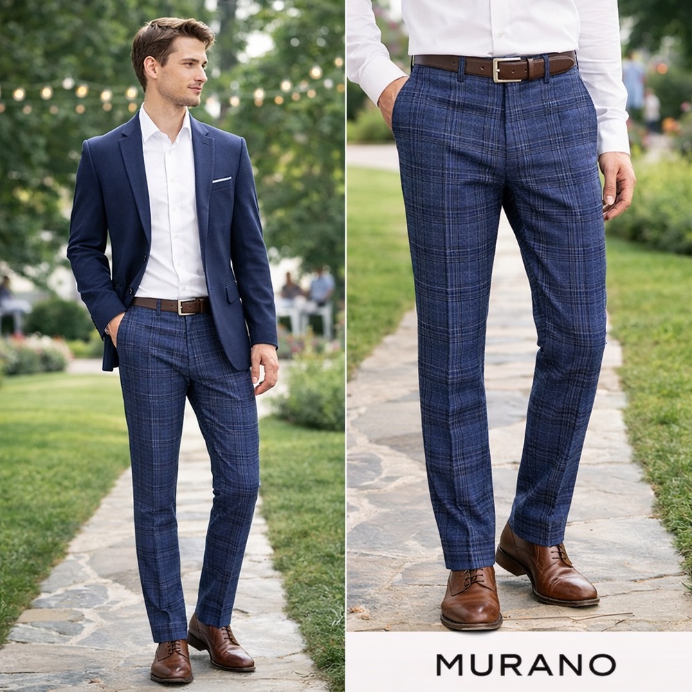NWT Murano,Size 29x30 Alex Flat-Front Blue Plaid Flat-Front Dress Pants,Straight